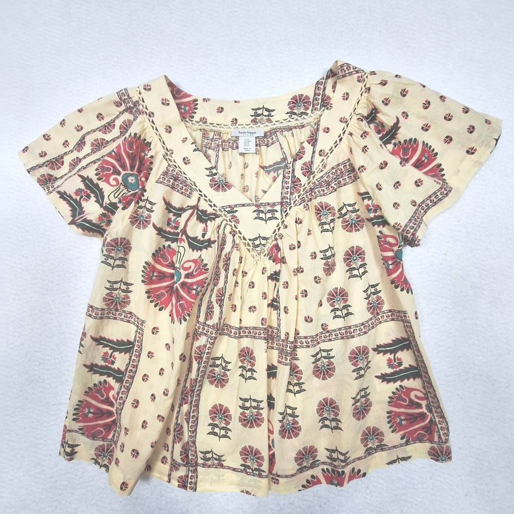 Haute Hippie Style Blouse Womens Medium Cream Floral‎ Boho Peasant Top